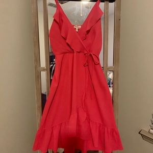 Pink High Low Midi Dress with V-neck Ruffle Detail